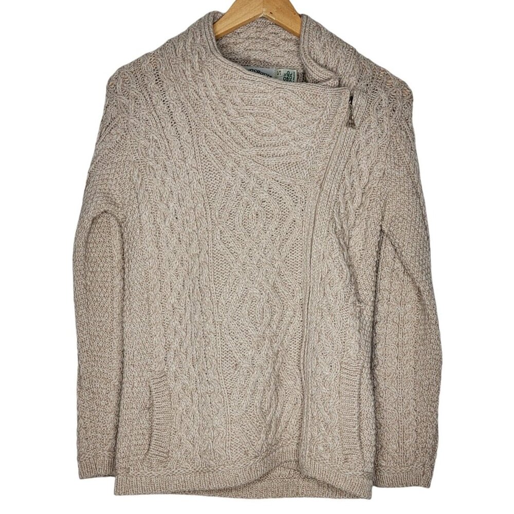 Arancrafts Small 100% Merino Wool Tan‎ Cable Knit Women's Side Zip Sweater S